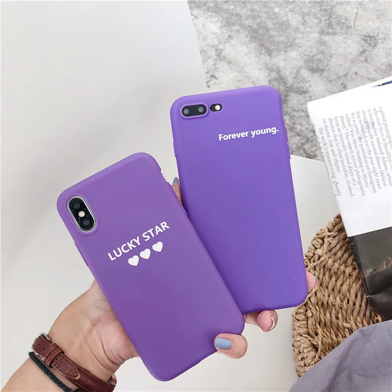

JAMULAR Simple Letter Print Luck Star Phone Case For iPhone 7 XS MAX X 8 6 6s Plus Soft Matte Purple Back Cover Shockproof Coque