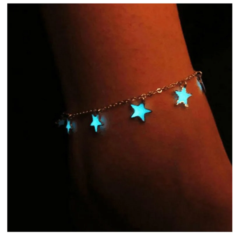 

Fancy&Fantasy New Luminous Ladies Beach Winds Blue Pentagon Star Tassel Anklet Silver Chain Anklets For Women Barefoot Sandals