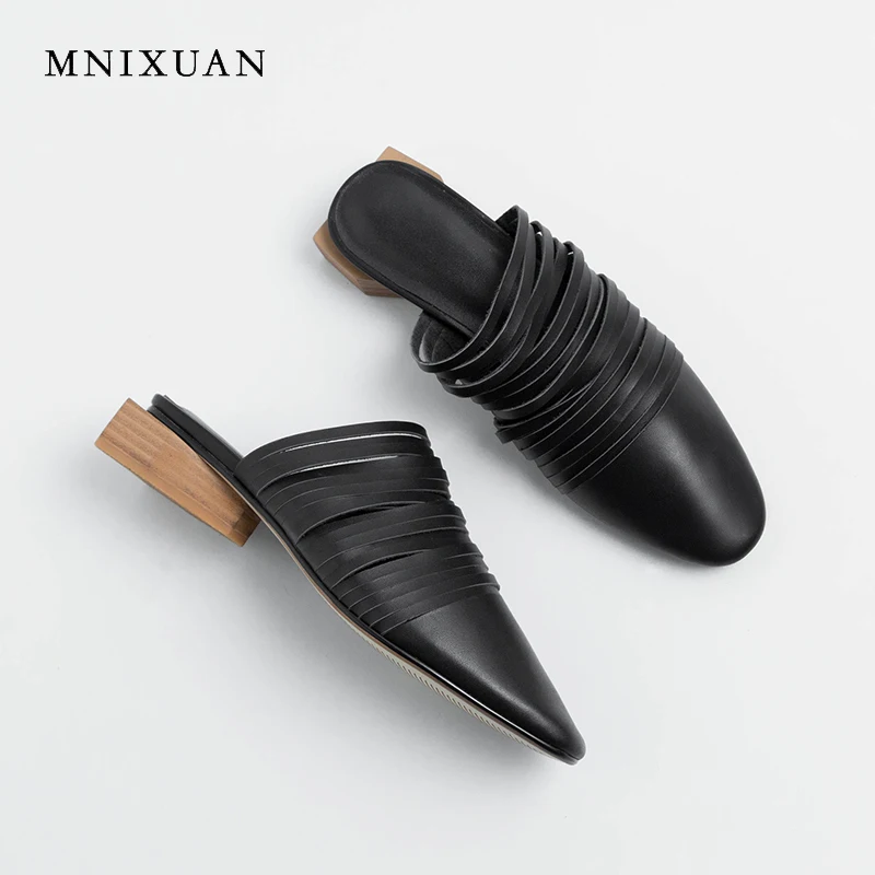 

MNIXUAN Handmade women summer shoes covered toe narrow band ladies slipper sandals outside genuine leather medium heels shoes