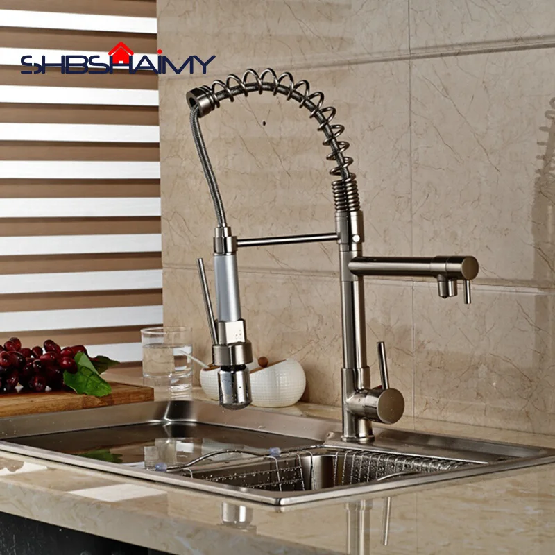 

LED Nickle Brushed Spring Kitchen Faucet Deck Mounted Hot Cold Crane with LED Function for Spring Sink Tap