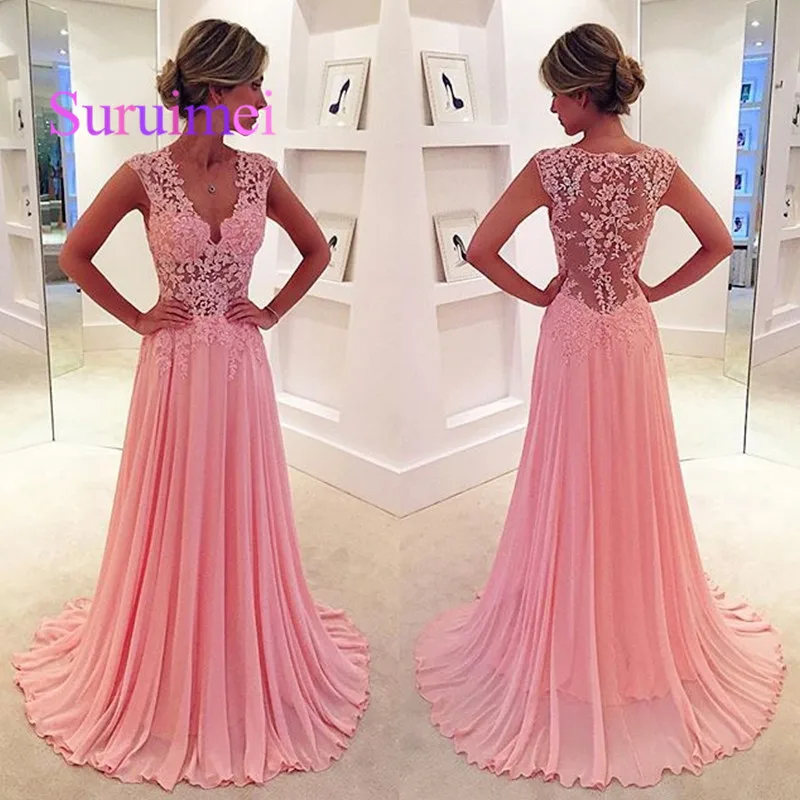 

Hot New Pink Lace V-Neck Appliques Long Chiffon Wedding Party Gowns Dresses See Through Bridesmaid 2019 Sexy Formal Gowns