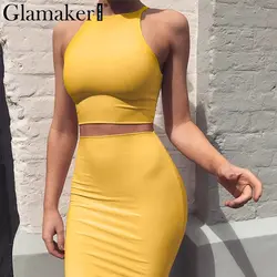 Glamaker желтый фитнес Bodycon женское платье костюм винтажный двухсекционный костюм миди платье сексуальный бандаж для фитнеса одежда без