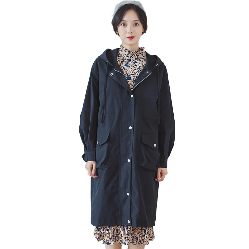 Новые осенние Для женщин длинный плащ пальто с капюшоном вышивка стерео задний карман + пальто синий черный абрикос 95621