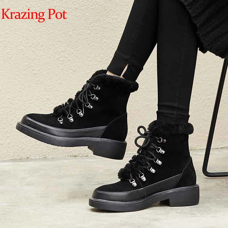 

Krazing Pot 2019 hot sale genuine leather punk style rivets streetwear leisure beauty lace up decoration black ankle boots L58