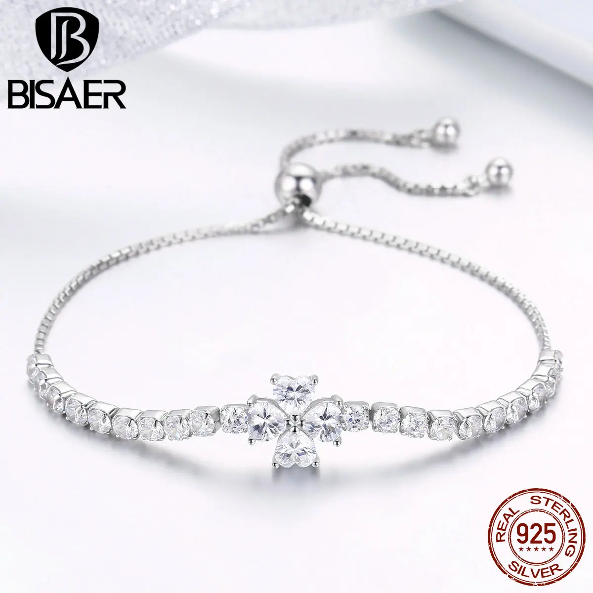 

BISAER Authentic 925 Sterling Silver Clear Cubic Zirconia Clover Lucky Tennis Bracelet for Women Wedding Jewelry Gifts GAB007