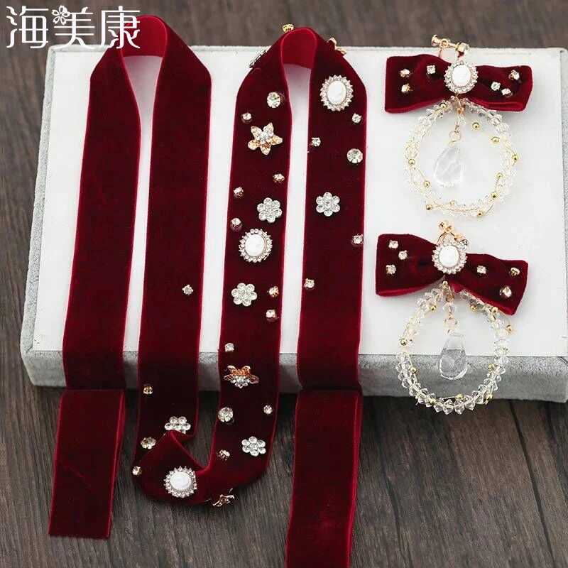 

Haimeikang Red Wine Toast Clothing Headband Headwear Handmade Velvet Long Hairband Crystal Bow Ear Clip Dress Hair Accessories