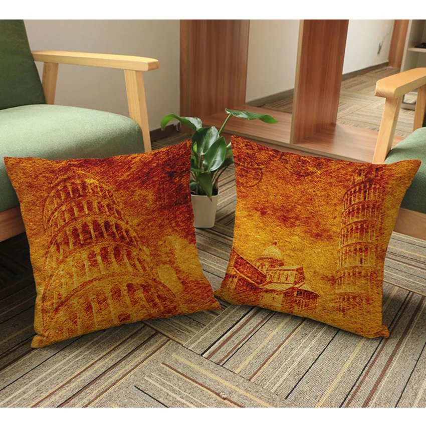 cheap Retro Italy Leaning Tower Decorative Pillow Case Vintage Yellow Antique Landmark Sofa Cushion Cover Pillowcase Home Decor