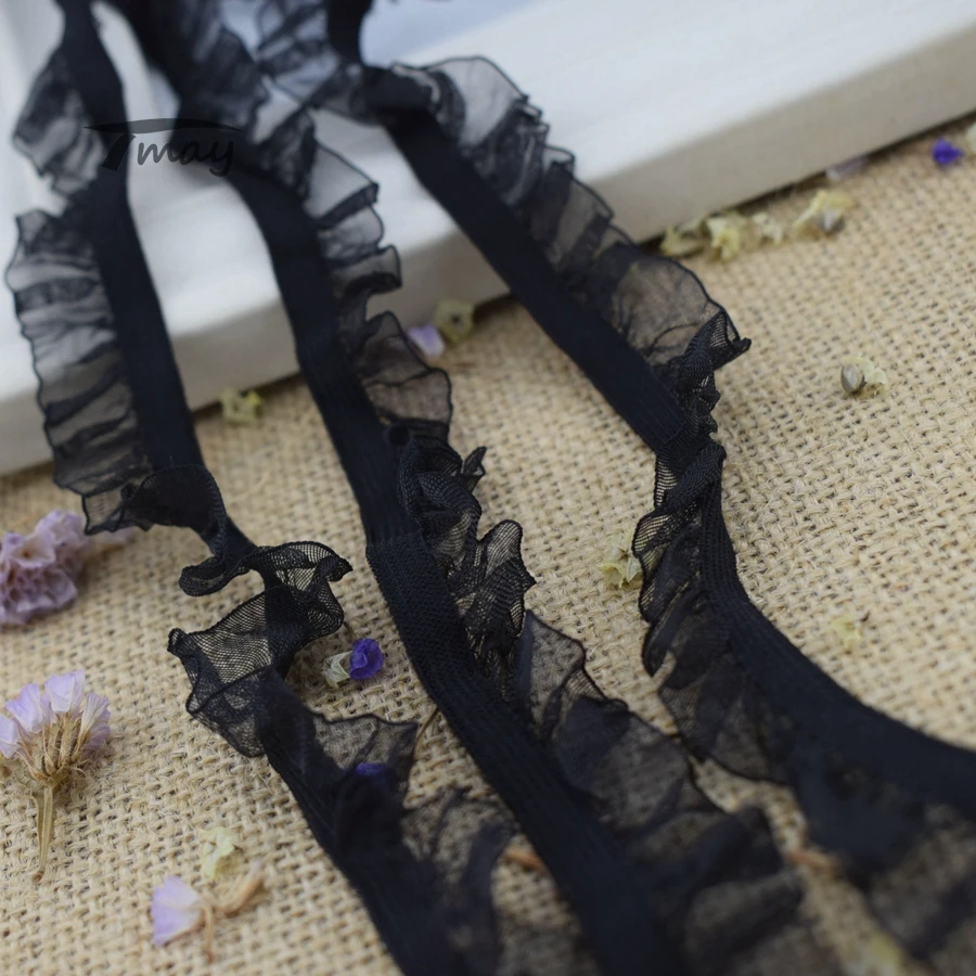 

#1425 Black Elastic Lace Trim 6yards/lot 15MM(5/8") Organza Ruffle Lace Fabric Ribbon Lace Edge for baby girl headbands/shirt