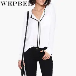 WEPBEL для женщин s повседневное белый V средства ухода за кожей шеи с длинным рукавом черный сбоку шифоновая блузка рубашка Повседневная
