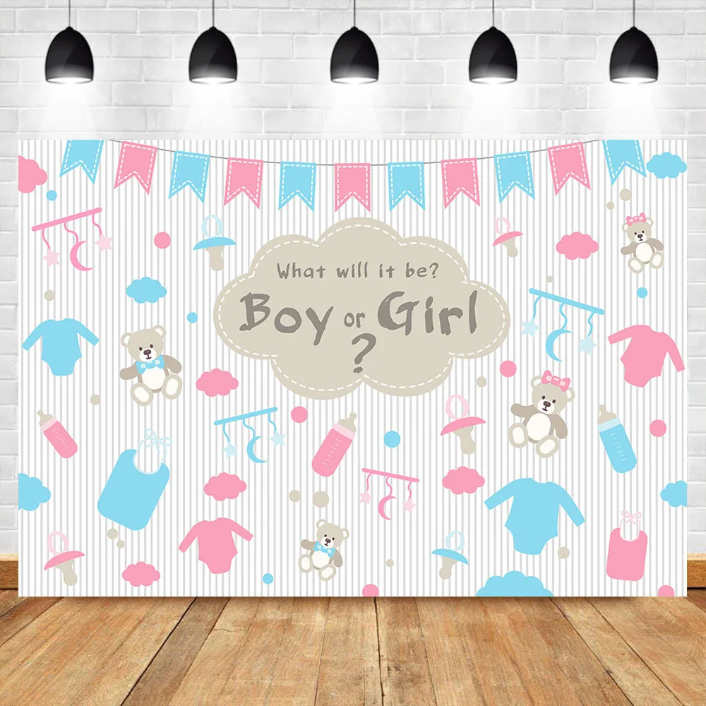 

NeoBack Gender Reveal Photo Background Newborn Baby Shower Backdrop for Party Decoration Boy or Girl Bear Banner Vinyl Cloth