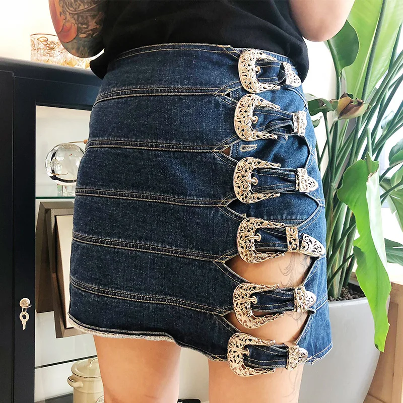Слово джинсовая юбка лето 2019 г. Новый Высокая талия шить боковой ряд декоративные пряжки женская
