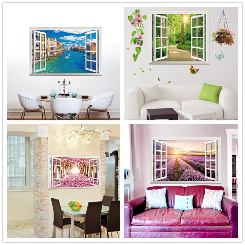

[SHIJUEHEZI] Fake Window View 3D Wall Sticker PVC Material Removable Wall Poster for Living Room Kitchen Decoration Home Decor