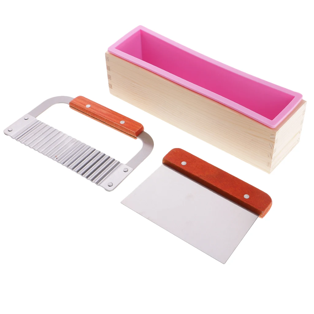 Rectangle Silicone Soap Mold with Wood Box Stainless Steel Soap Cutter Loaf Candle Molds Handmade Soap Making DIY Art Craft Tool