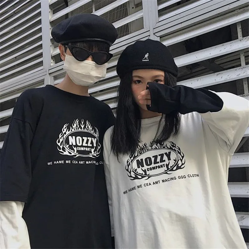 

2019 Letter Print Japan Harajuku Black white Hip Hop T-shirts Men Women Spring Fake Two Piece Couple Long Sleeve Loose T Shirt