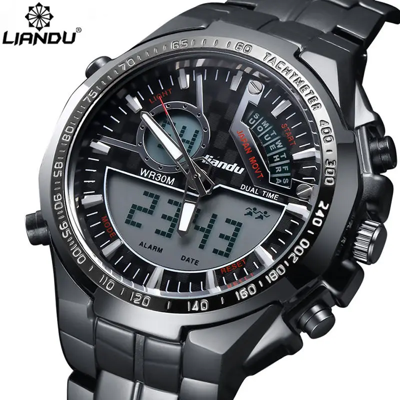 LIANDU Brand Military Watch Men s Running quartz Analog Digital Reloj Full Steel Waterproof Digital LED