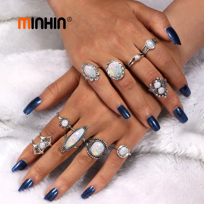

MINHIN Natural Opal Stone Ring Sets For Women Antique Silver Anillos Knuckle Rings Boho Finger Jewelry 10 PCS/Lot Rings