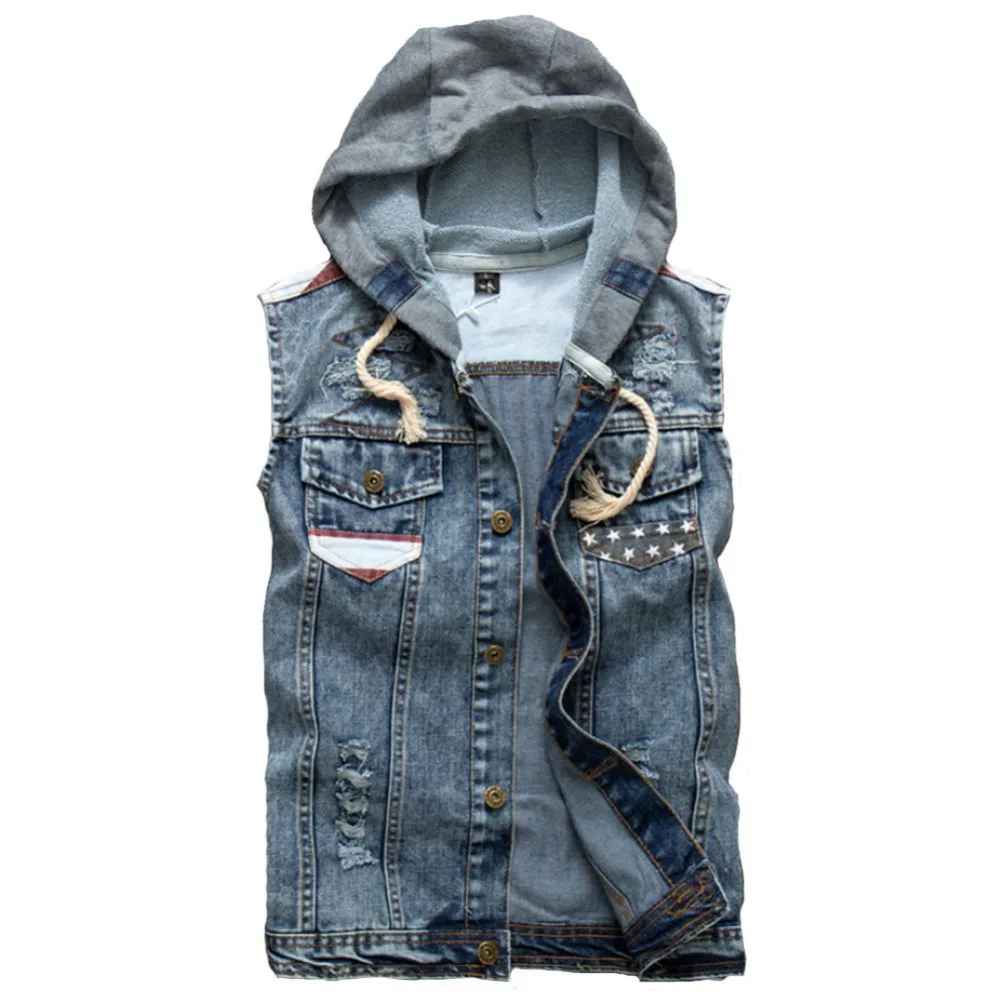 Hooded Denim Vest Men American Flag Pattern Fashion Sleeveless Jean