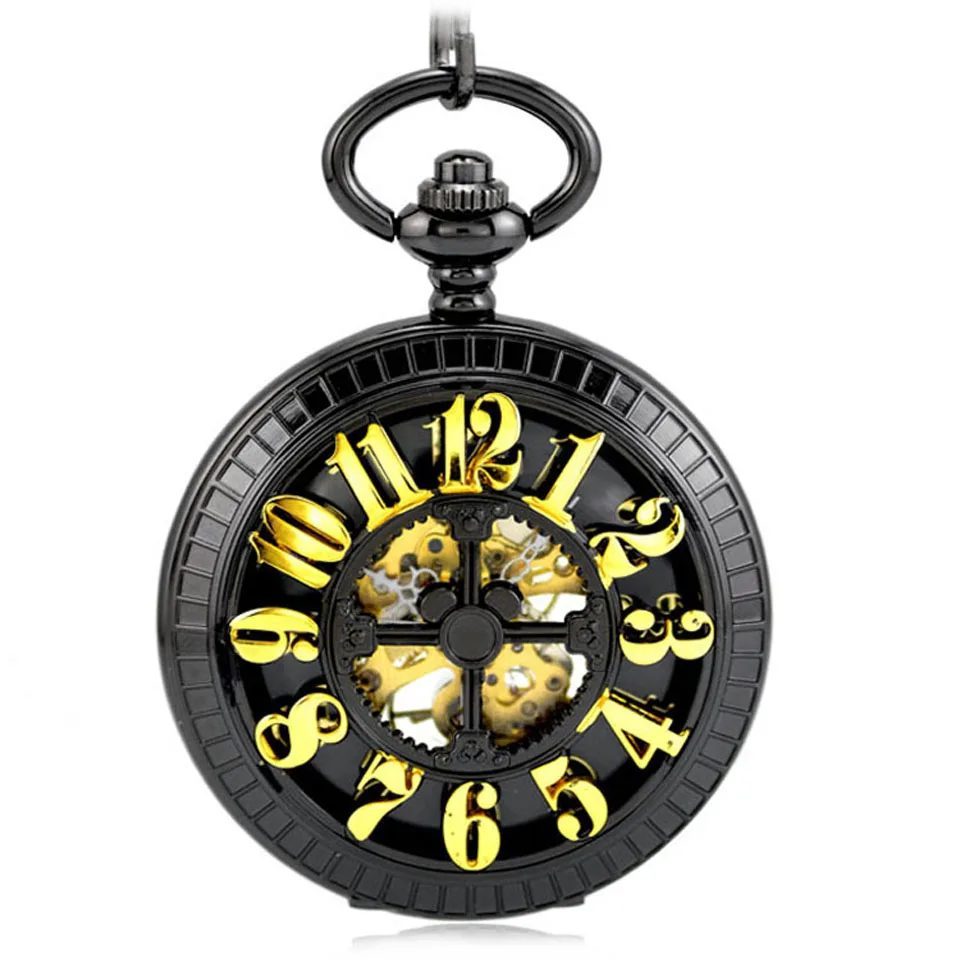 Men font b Women b font Steampunk Skeleton Mechanical Black Gold Open Face Retro Pendant Pocket