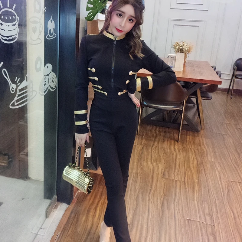 

2019 Women Runway Two Piece Pant Set Gold Button Embroidery Military Uniform Zip Short Jacket Coat + Elastic Pant