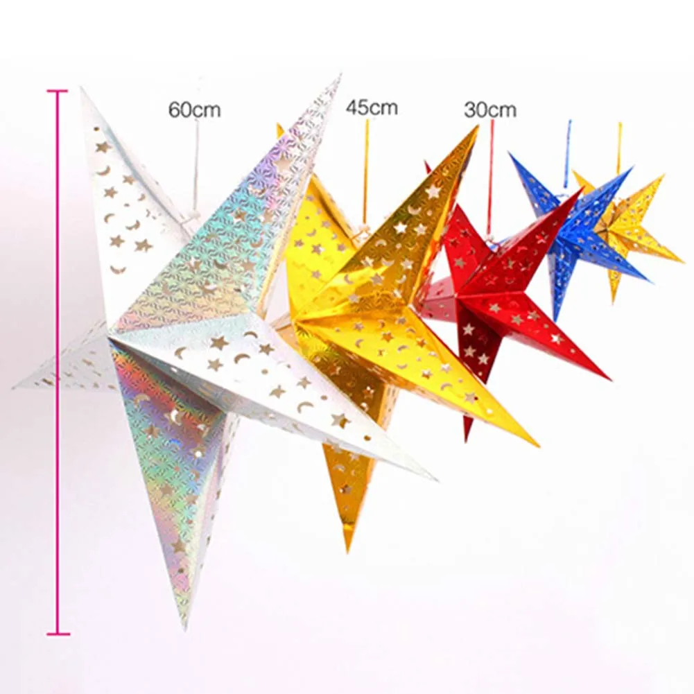 30/45/60cm Diameter Five Star Paper Star Decoration Tissue Paper Star Lantern Hanging Stars For Festival Christmas Party Decor