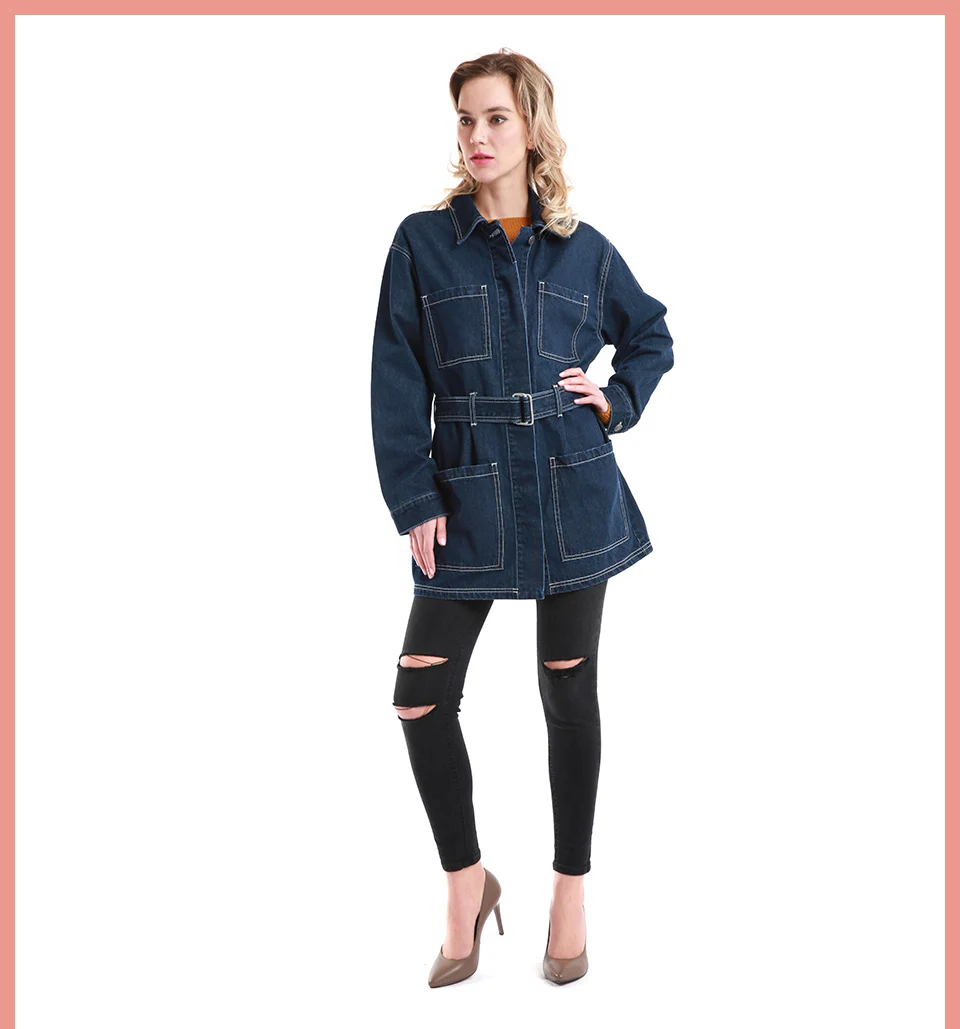Осень зима женская джинсовая модная куртка рабочий свободный повседневный длинный рукав хлопок промытый синий женский жакет
