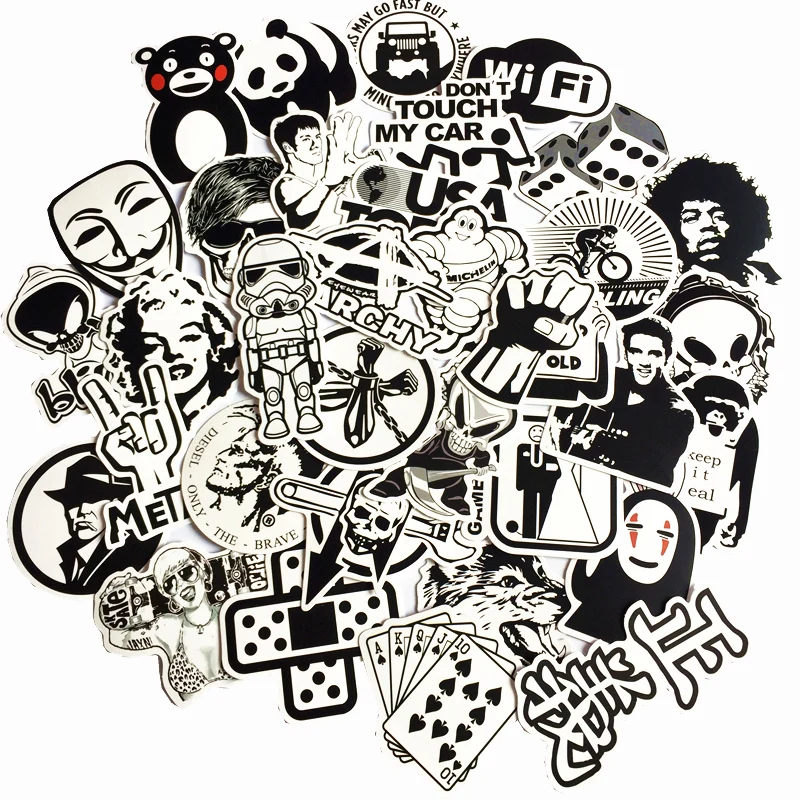 En Ligne 50 Pcs Lot Aléatoire noir et blanc BRICOLAGE Autocollants Pour Planche À Roulettes Ordinateur Portable Bagages Snowboard Réfrigérateur Jouet CarStyling décor à la maison Autocollants