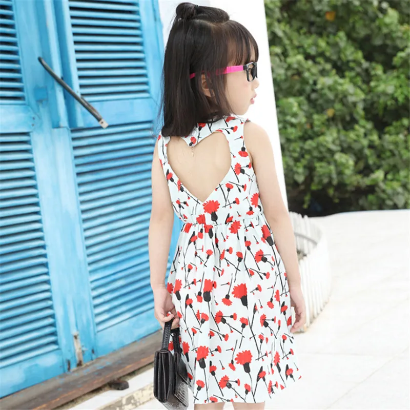 

1pc Summer Sleeveless Girls Dresses Flower Print Beach Dress Children Heart Hollow Out Back Fashion Design Vestidos 2016 New
