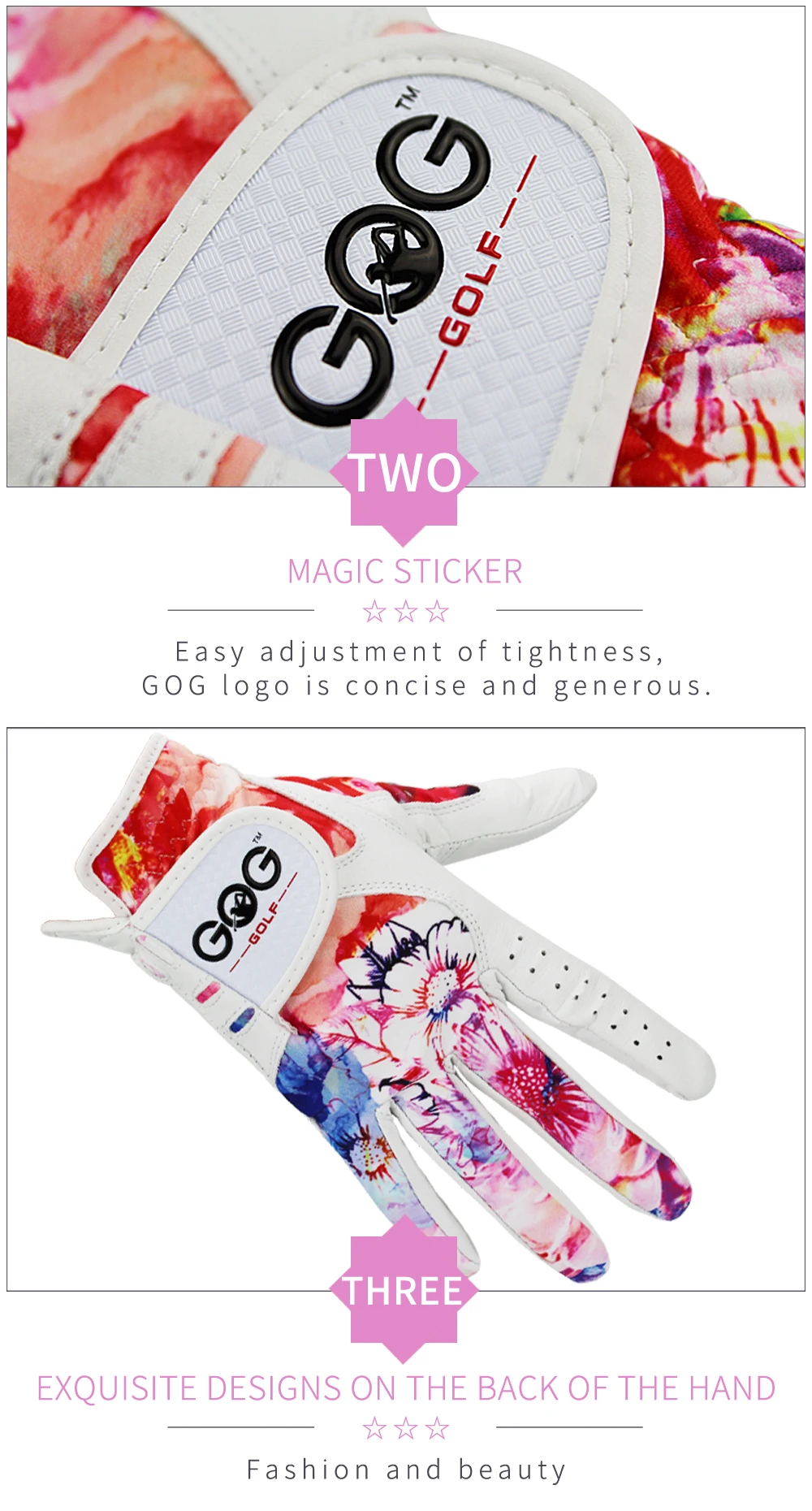 1 Pair GOG Golf Gloves Genuine Leather & Color Pattern Lycra left hand + right hand soft sports new gloves for woman lady girls