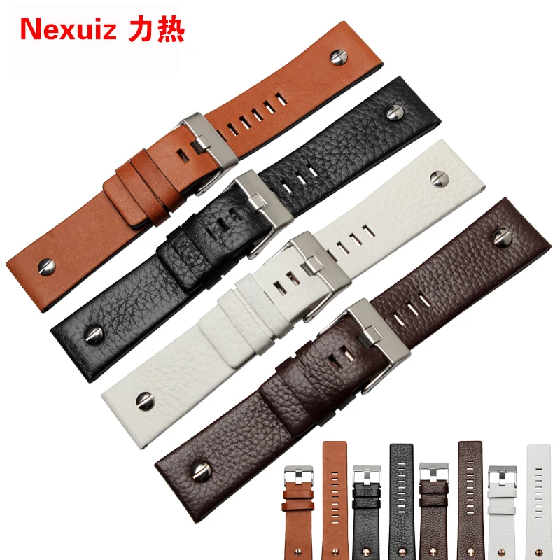 Men's Black Leather Watch Band with Stainless Steel Buckle