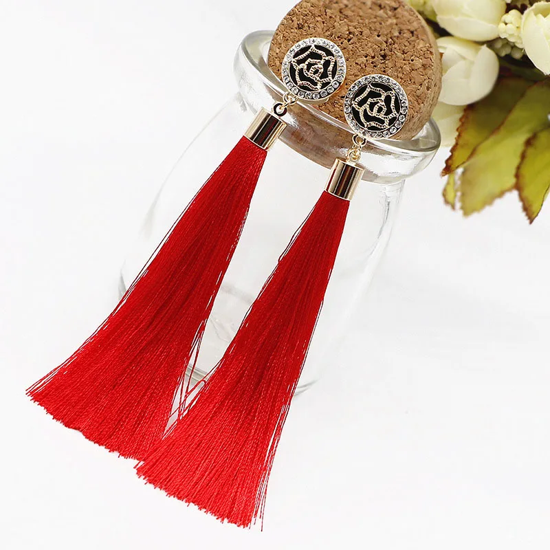 

Hot Fashion Brand Camellia Earrings Exaggerated Vintage Rhinestone Crystal Long Tassels Dangle Earrings For Women Accessories
