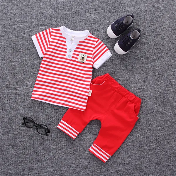BibiCola/летний комплект одежды для маленьких мальчиков, детский топ в полоску+ штаны спортивный костюм комплект одежды для маленьких мальчиков, детский спортивный костюм - Цвет: red