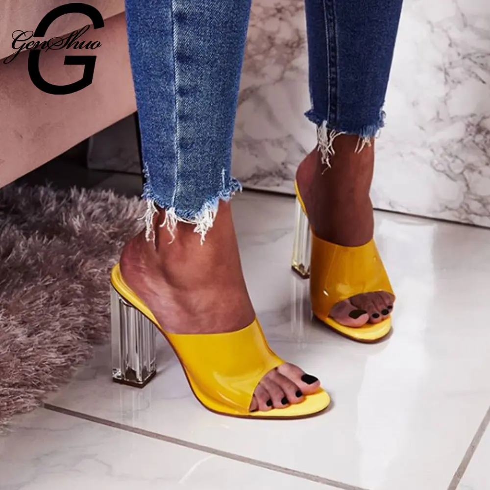 

GENSHUO Slide Slipper Thick High Heels Open Toe Ladies Summer Sandalias De Mujer 2019 Sexy Slingback Slide Slipper Shoes Woman