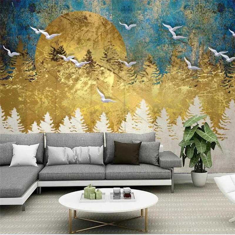 

wellyu Custom wallpaper 3d stereo photo mural new Chinese abstract artistic conception golden pine forest bird 3d wallpaper обои