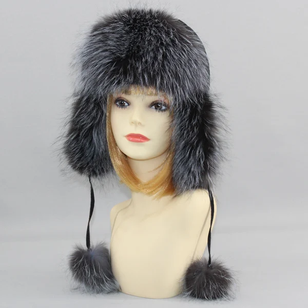 New Winter Women Lovely Real Fox Fur Hats Natural Fox Fur Winter Quality Thick Warm Fox Fur Bomber Hat - Цвет: grey