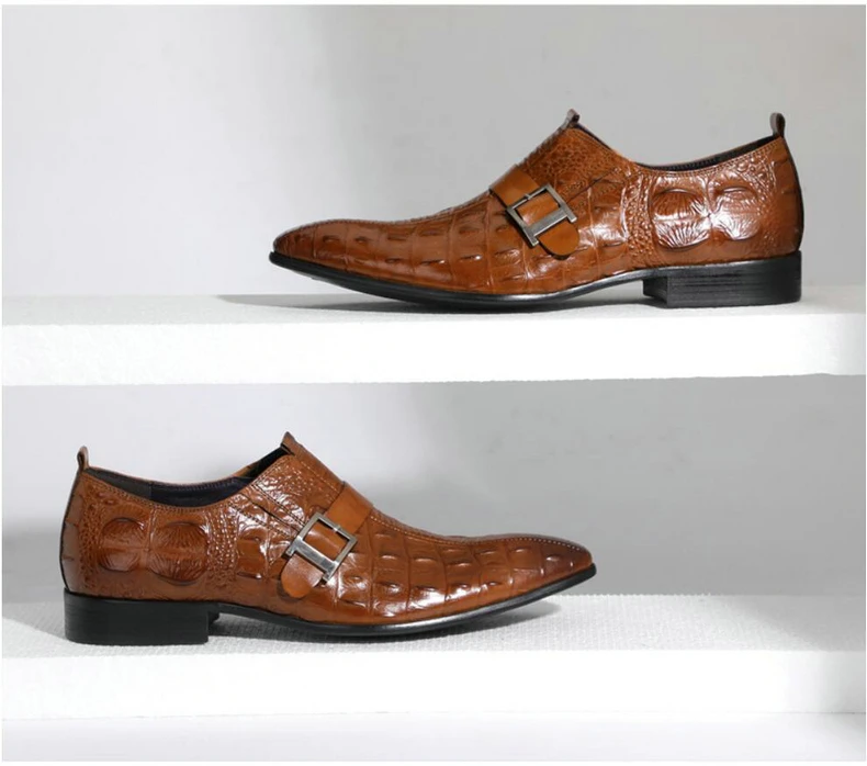 Casual Men Shoes Leather Red Formal Brogue Shoe Buckle Emboss Crocodile Genuine Leathers Mens Loafers Leather Dress Wedding Shoes (8)