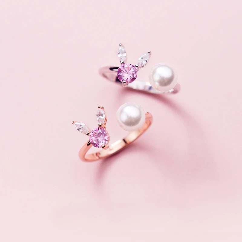 

MloveAcc 925 Sterling Silver Open Finger Ring with Pearl Pink CZ Lovely Rabbit Adjustable Ring Women Young Girl Child Gifts
