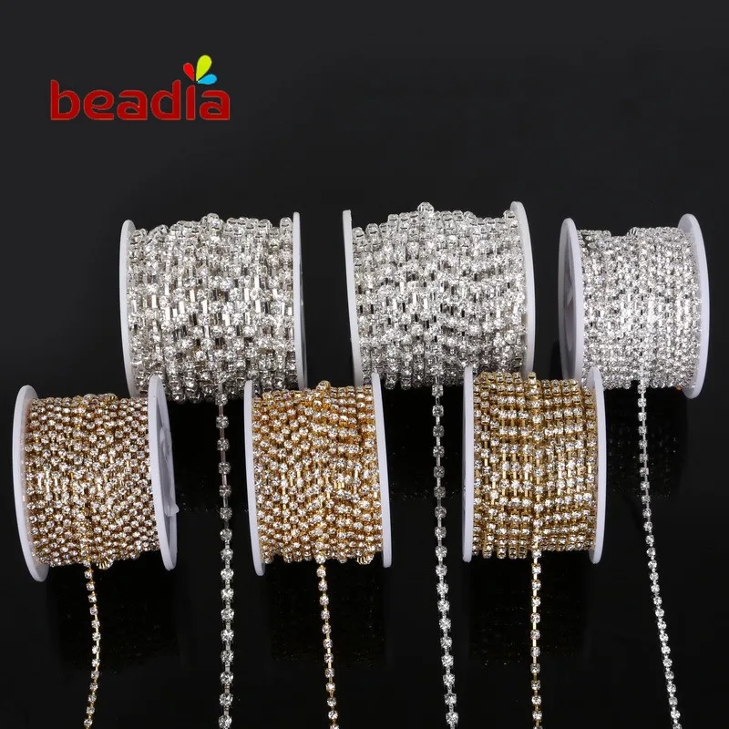 

10 yards/roll Rhinestone Chain SS6-SS18 Crystal Clear Silver Gold Base Cup Apparel Sewing Style diy Sew On Beauty Accessories