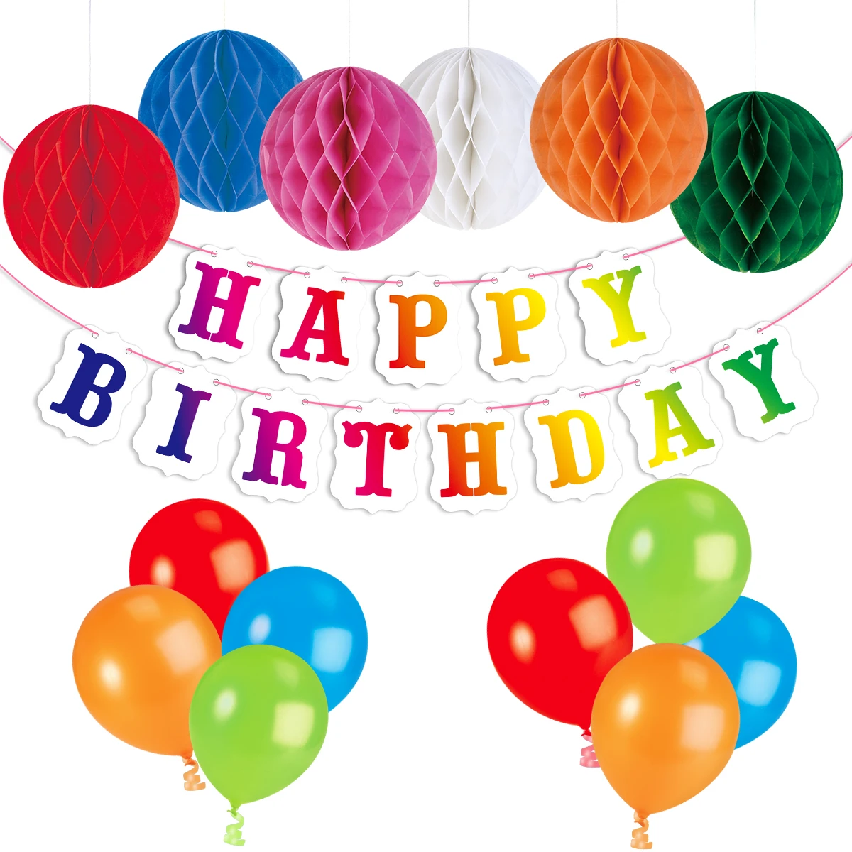 סט עבור קישוטי יום הולדת שמח באנר יום הולדת Buting (6 יחידות באנר יום הולדת בלון + פום פום כדור רקמות 24 יחידות + Inflator)