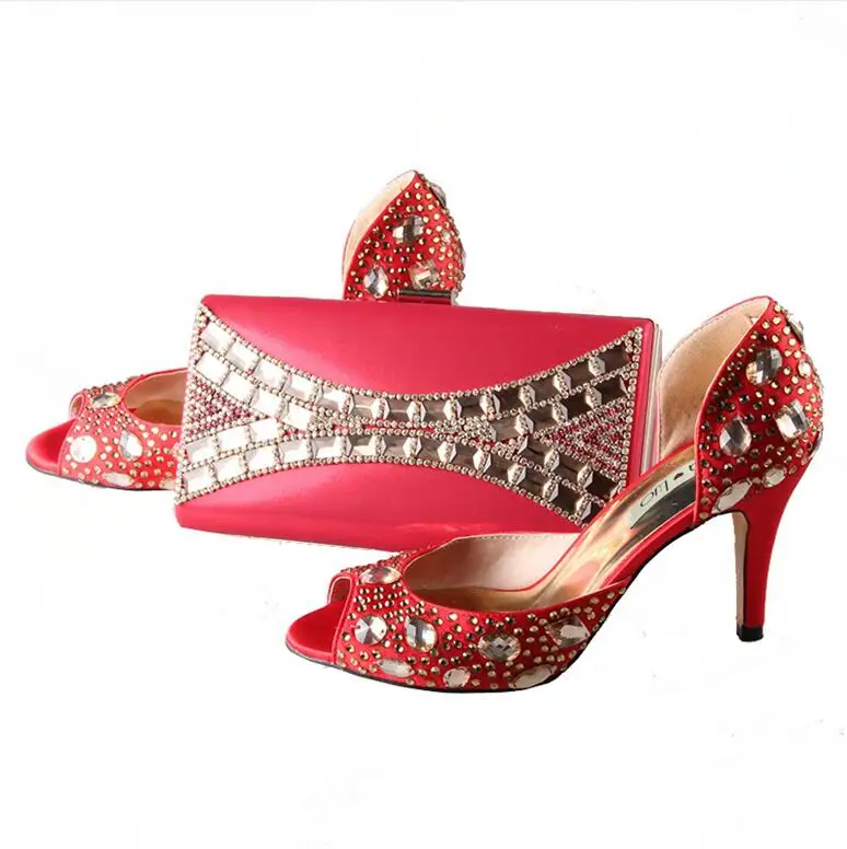 Красные стразы; комплект из обуви и сумочки в африканском стиле; свадебные туфли для невесты; женская обувь на высоком каблуке; D'Orsay; большие размеры; BS009 - Цвет: red