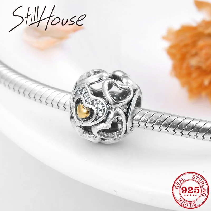 

Hollow hearts beads 925 Sterling Silver with plated Gold CZ charm Fit Original Pandora Charms Jewelry Fashion Bracelet Making