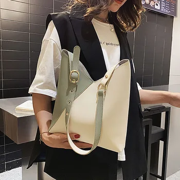 

ETAILL Contrast Color Designer Wide Shoulder Strap Women Handbag PU Leather Bucket Bag Casual Shoulder Messenger Composite Bag