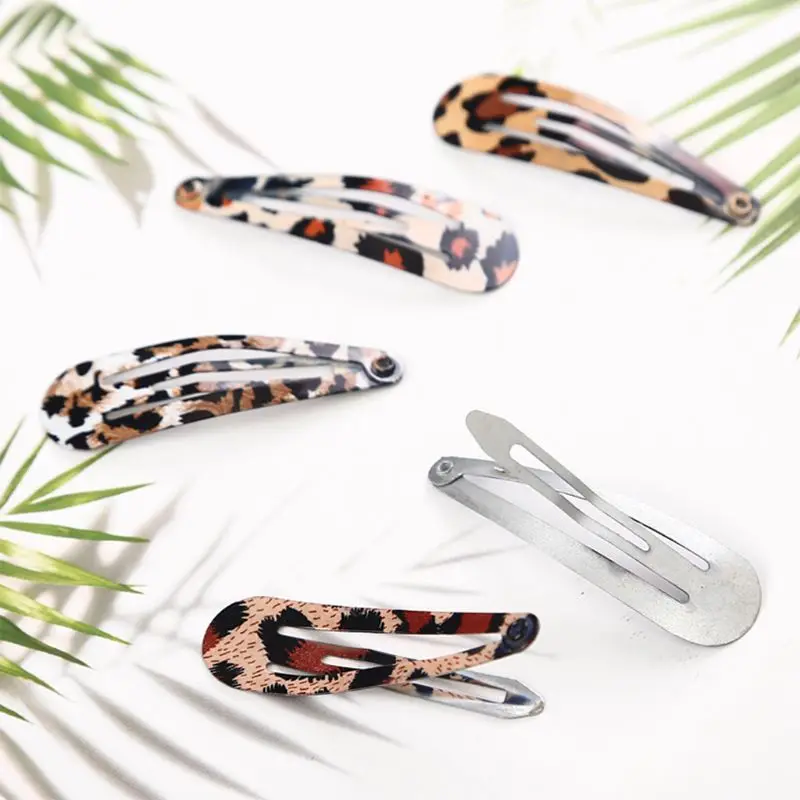 5Pcs/Set Women Ladies Boho Vintage Colored Leopard Printed Hair Clips Metal Alloy Water Drop Shape BB Hairpins Baking Paint Snap