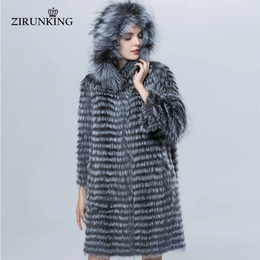 ZIRUNKING женское тонкое пальто с капюшоном из натурального серебряного лисьего меха