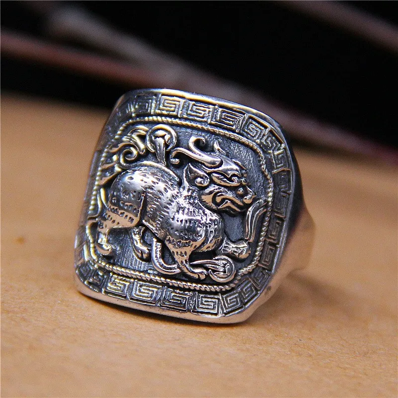 

Solid Silver 925 Ancient Beast Rings Men Sterling Silver 925 Mens Jewelry Lucky Band Brings Fortune Original Thai Silver Bijoux