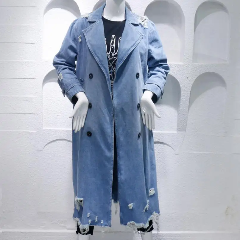 

new Trench Coat Women Double-Breasted Turn-Down Collar denim cowboy coat
