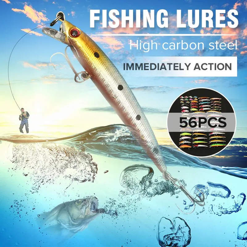 

Bobing 56Pcs/lot Almighty Mixed Fishing Lure Bait Set Wobbler Crankbaits Swimbait Minnow Hard Baits Spiners Carp Fishing Tackle