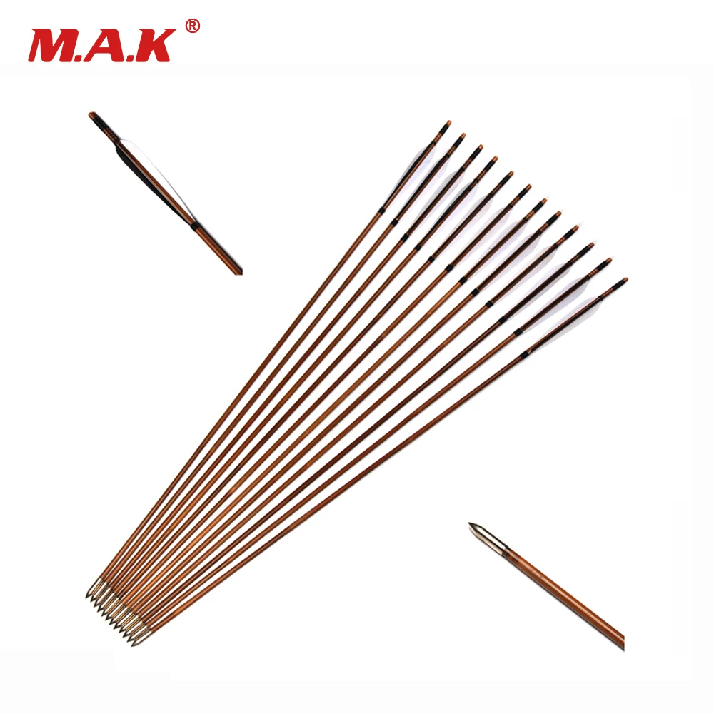 

6/12/24 Pcs Bamboo Arrows Spine 450 Length 32 Inches 2 White 1 Black Feather Outside Diameter 7.8mm for Compound Bow Hunting
