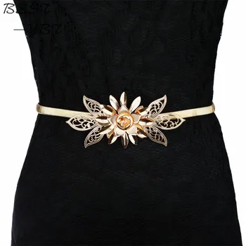 

Fashion Flower Brand New Metal Chain Belts For Women Embellishment Elastic Waist Strap Belt All-Match Cummerbund Gold