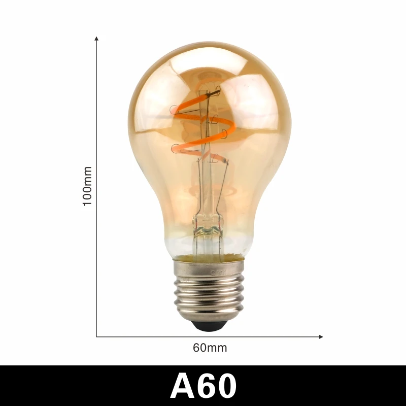 Светодиодный светильник накаливания C35 T45 ST64 G80 G95 G125, спиральный светильник 4 Вт 2200 к, Ретро Винтажные лампы, декоративный светильник, лампа Эдисона с регулируемой яркостью - Испускаемый цвет: A60