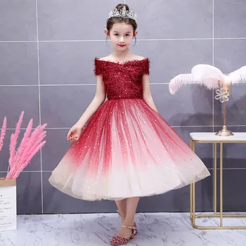 

2019Summer Luxury New Children Girls Shoulderless Sequined Wine-red Birthday Wedding Party Fluffy Dress Kids Model Show Dresses